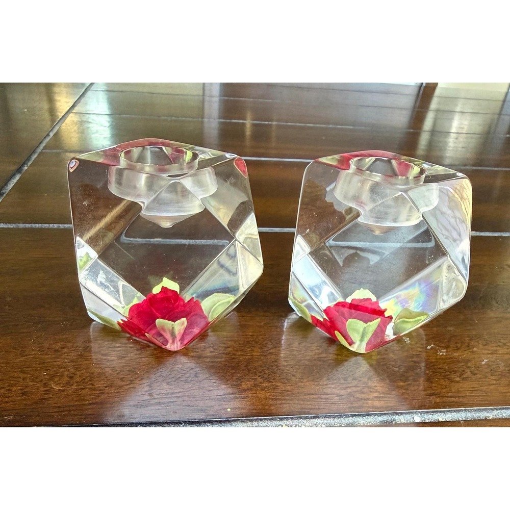 Birdcraft MCM Lucite Red Rose Candle Holders Vintage Geometric Set of 2